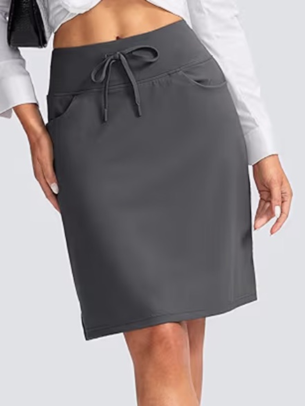 SANTINY Modest Knee Length High Waist Skirt in Dark Grey